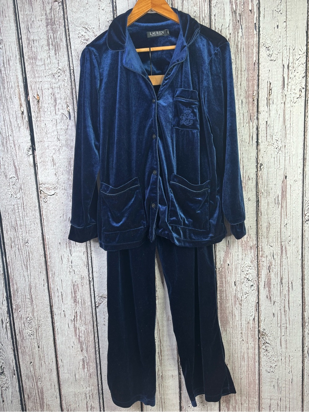 LAUREN RALPH LAUREN Black Label Velvet Sleep Set Blue Medium Button Down & Pants